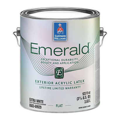 A can of Emerald Exterior Acrylic Latex Paint.