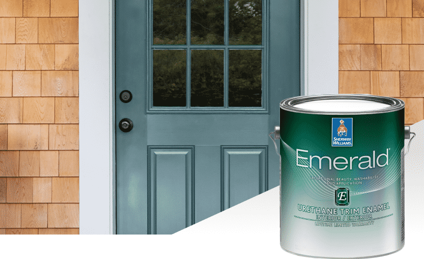 The exterior of a home sided with cedar and a blue-green door and a can of Emerald Urethane Trim Enamel in front.