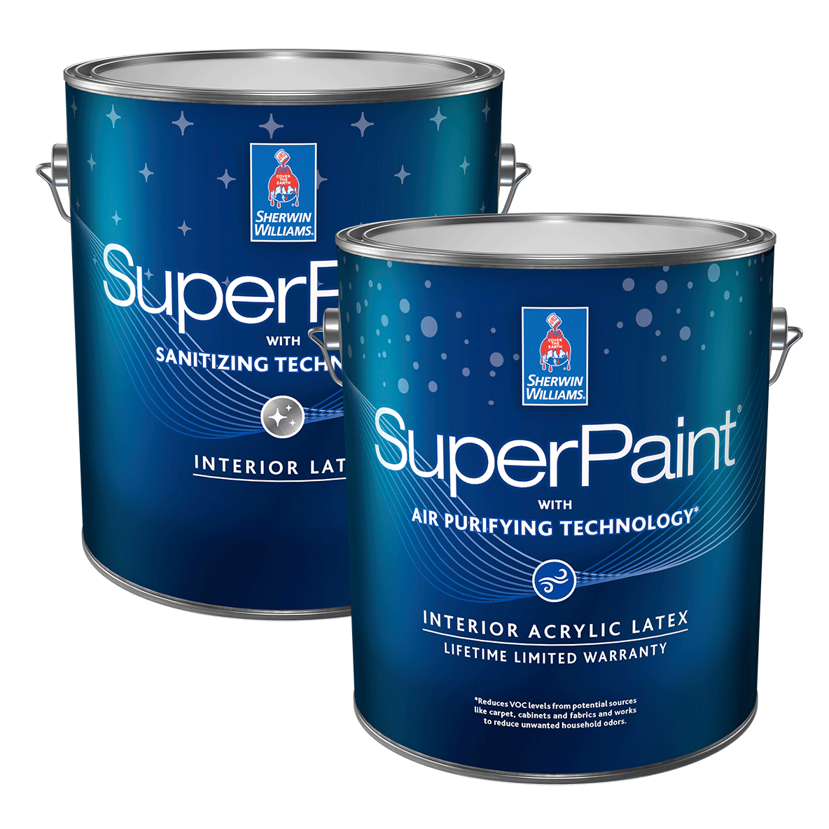 A blue labeled paint can for Sherwin-Williams SuperPaint with Air Purifying Technology interior paint.