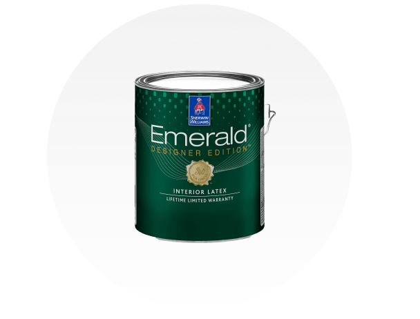 A can of Sherwin-Williams Emerald Designer Edition Interior Latex paint.