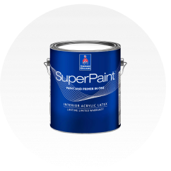 A can of Sherwin-Williams SuperPaint Interior Acrylic Latex paint.