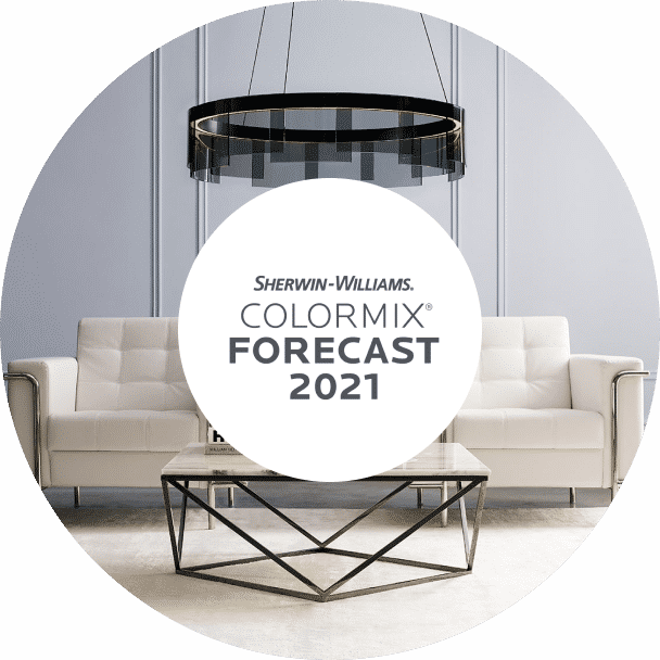 Sherwin-Williams Rhythm Colormix Forecast 2021 with a white couch and gray wall.