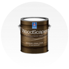 A can of Sherwin-Williams Woodscapes Exterior House Stain.