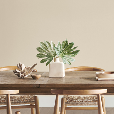 A light wood kitchen table centered with a white vase with two large tropical green leaves with two wood and jute woven seat chairs next to a wall painted Accessible Beige SW 7036.
